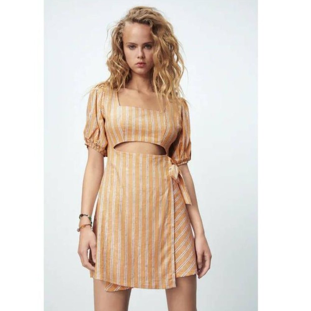 Zara Yellow Linen Blend Striped Mini Dress S